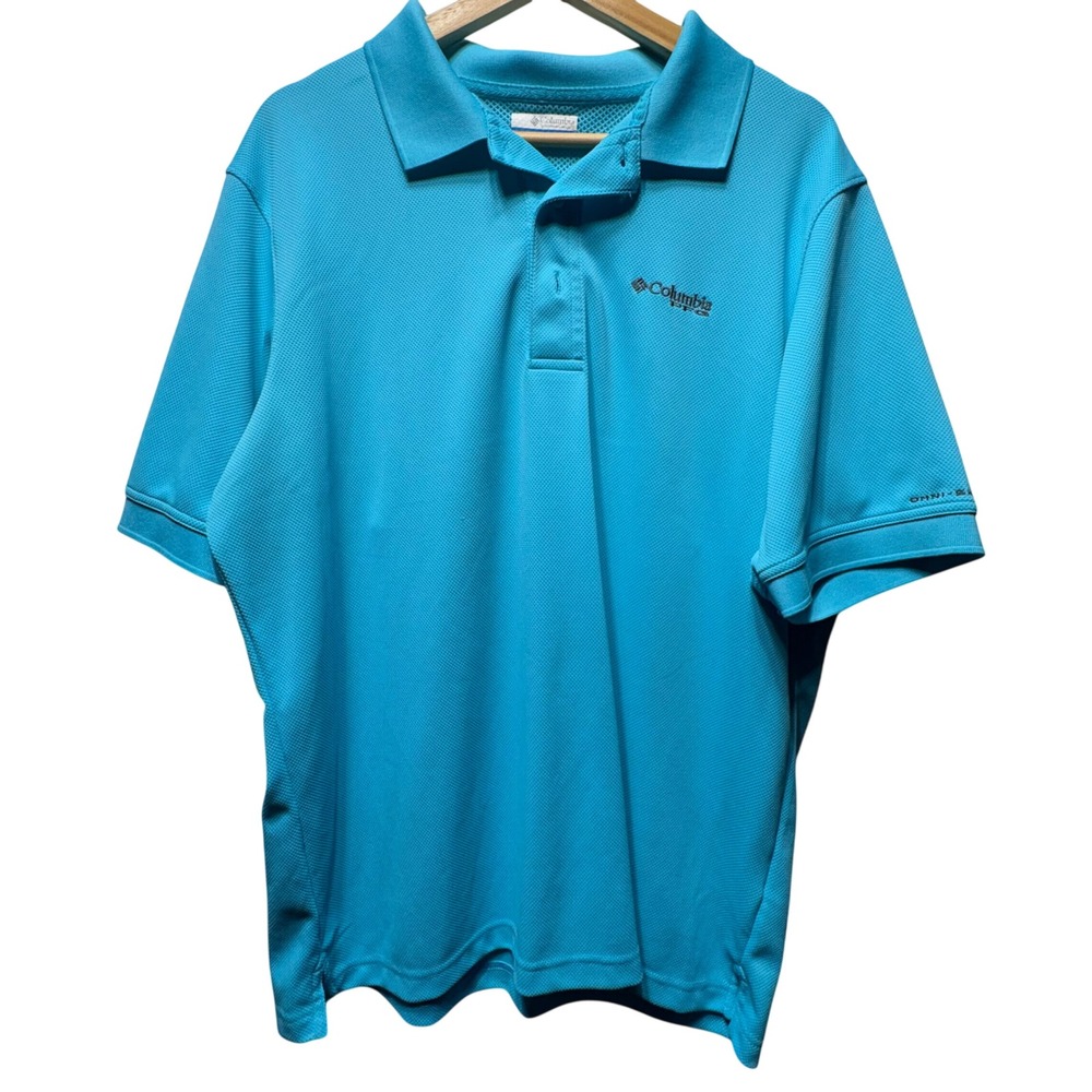 Columbia PFG Polo Shirt Mens Large Blue Short Sleeve Omni-Shade Fishing Hiking
